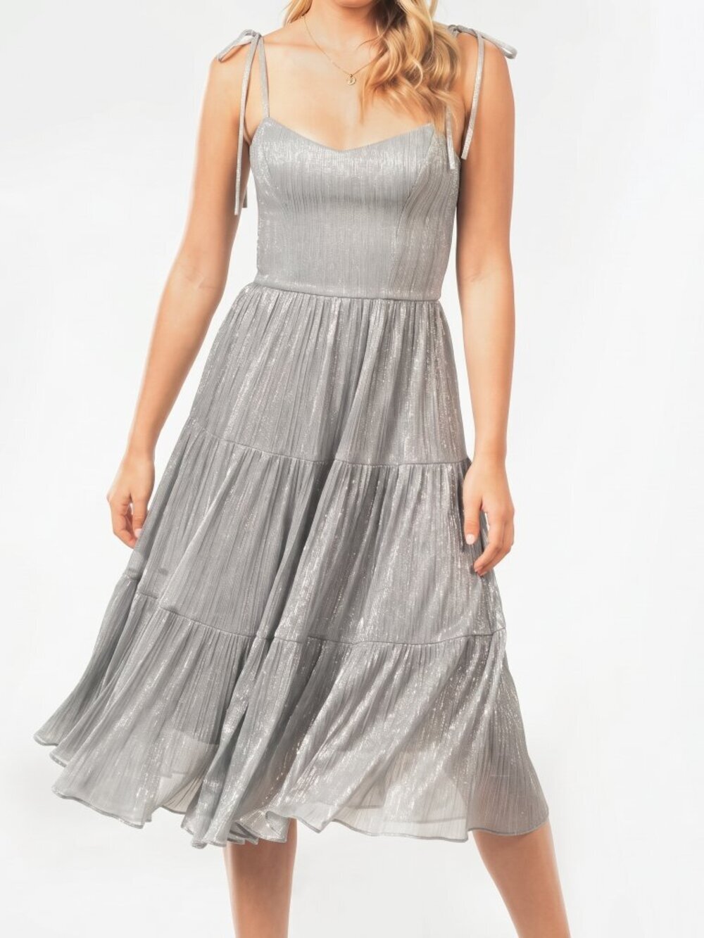 Dress The Population Dream Metallic Tiered Midi Dress Silver Gray L NWT